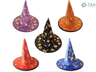 Nón phù thủy vải màu in họa tiết HLW-NPT-02